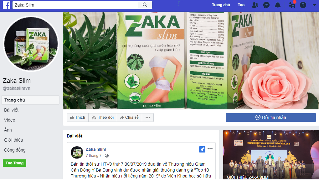 Sản phẩm ZaKa Slim bán trên facebook