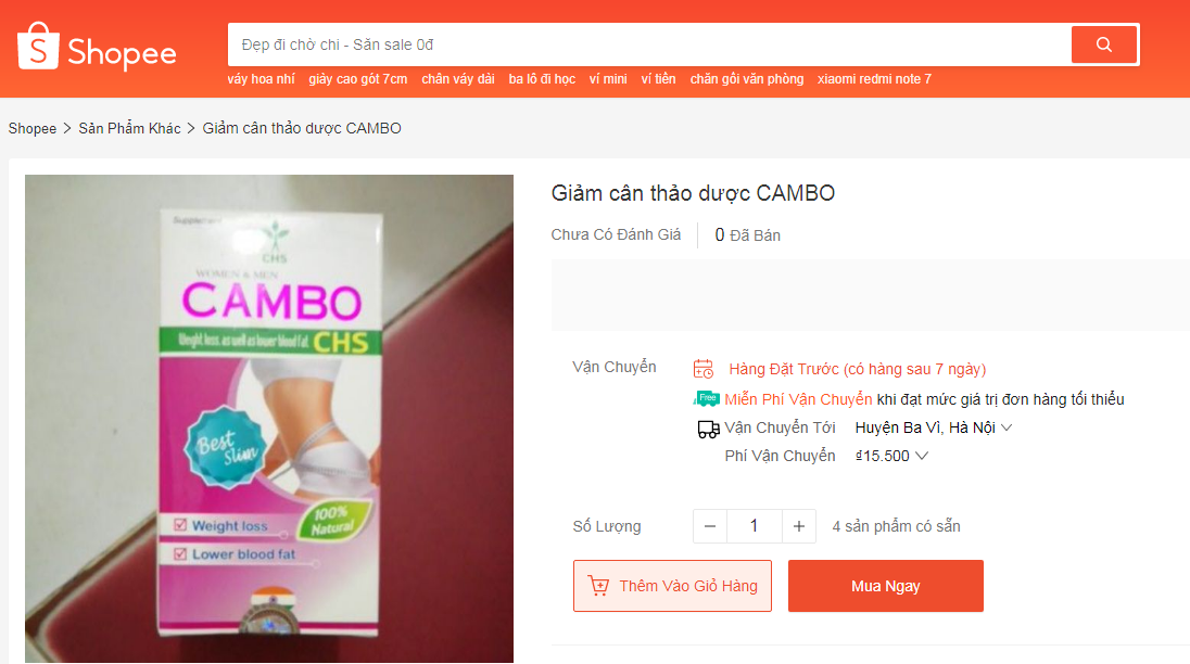 Sản phẩm giảm cân Cambo bán trên shopee